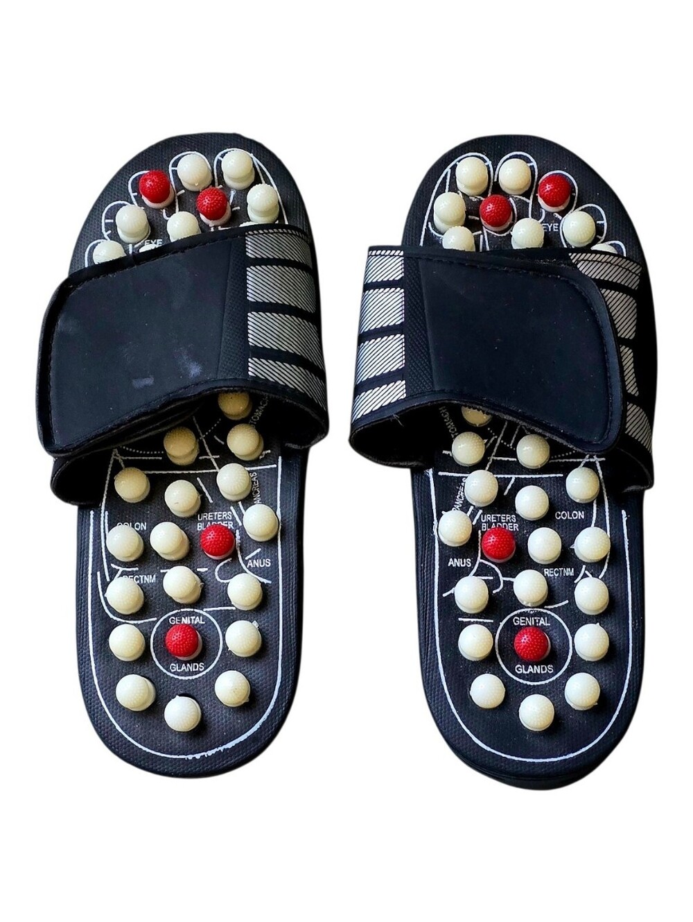 Like New Reflexology Acupressure Massage Slide Sandals -Black W/Red& Cream Nodes